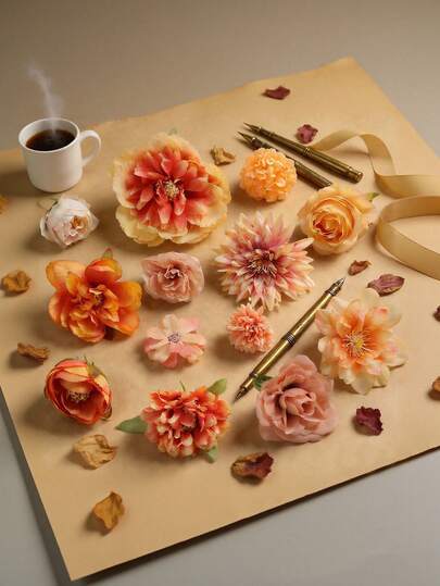 42/21件混合桃色和橙色人造花头套装，逼真的仿真丝玫瑰和牡丹，适用于DIY婚礼装饰、派对用品和家居工艺品