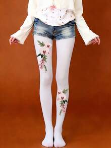 1 Pair Thick White Patterned Warm Tights, Suitable For Weddings - Multicolor - View 3