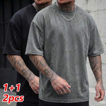 2 áo thun nam tay ngắn cổ tròn màu trơn thoáng khí mùa hè, cần thiết cho hoạt động thể thao.