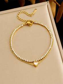 1Pc New Minimalist Versatile Octagram Heart Pendant Full Diamond Chain Stainless Steel Double Layer Bracelet - Gold - View 6