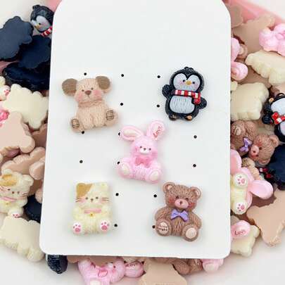 10pcs Mixed Rabbit, Cat, Bear Flat Back Resin Stickers, DIY Craft Decorations For Earrings, Hair Accessories, Jewelry Making