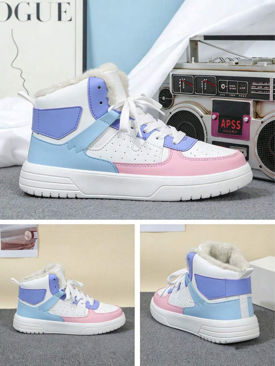 Men's Pink Blue Color Block High-Top Sneakers, Fleece-Lined Warm Winter Boots, Lace-Up Round Toe Thick Sole Non-Slip Casual Outdoor Shoes, Fashion Versatile Couple Footwear,Perfect Holiday Gifts - Trăng Bột Trắng - Xem 1
