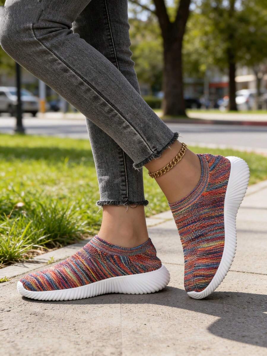 女士针织弹力透气轻便休闲平底一脚蹬运动鞋,情侣百搭宽松跑步鞋 - 彩色 - 查看 1
