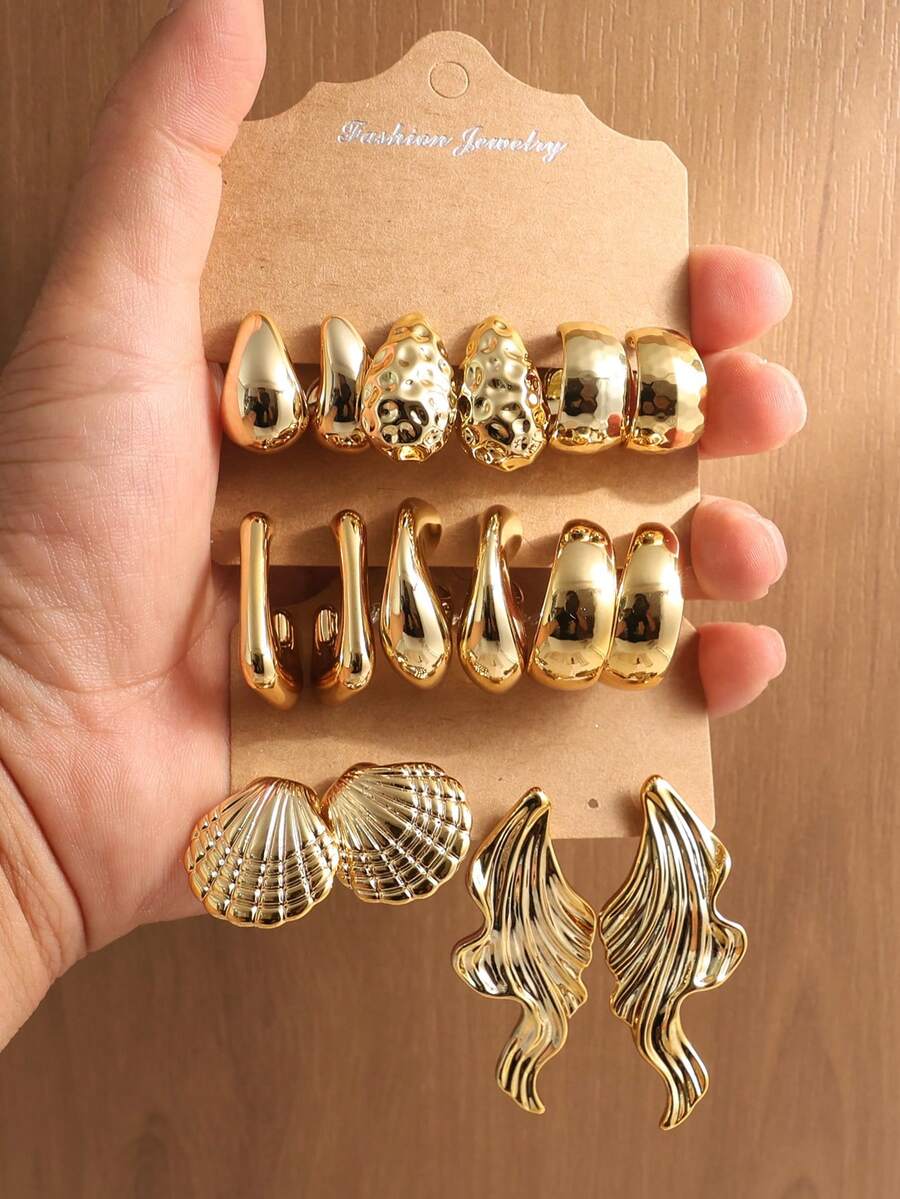4-16pcs Fashionable Shell Texture Water Drop Twist C-Shape Earrings, Suitable As Gifts For Holidays And Loved Ones - Gold - View 1