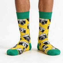 1 Pair Unisex Yellow Camera Printed Fashion Mid-Calf Socks, Suitable For All Seasons - Yellow - View 7