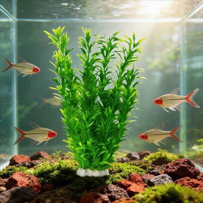 1pc 38cm Tall Artificial Green Aquarium Plant - Durable Plastic Fish Tank Decor, Maintenance-Free, Handmade Realistic Aquatic Plant Landscape With Ceramic Base, Suitable For Home And Office Decoration, Natural Aesthetics, Easy To Install