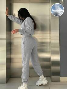 Women's 2-Piece Casual Tracksuit Set - Crewneck Sweatshirt & Jogger Pants, Solid Color, Loose Fit, Long Sleeve, Elastic Waist, Suitable For Home, Leisure, Outdoor Activities, All Ages From Teen To Adult, Minimalist Fashion Sportswear - Grey - View 6
