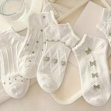 5双装女士薄款透气蕾丝边柔软舒适短袜，春夏款 - 彩色 - 查看 2