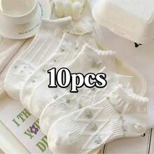 5双装女士薄款透气蕾丝边柔软舒适短袜，春夏款 - 彩色 - 查看 13