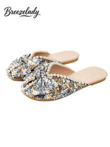 Breezelady Women's Floral Print Slippers, Casual Bow Decoration Slippers, Faux Pearl Decoration Beach Shoes, Home Shoes, Outdoor Fashion, Wedding, Work, School, Dormitory, Vacation, Travel, Beach Can Be Worn - 淺藍色 - 查看 16