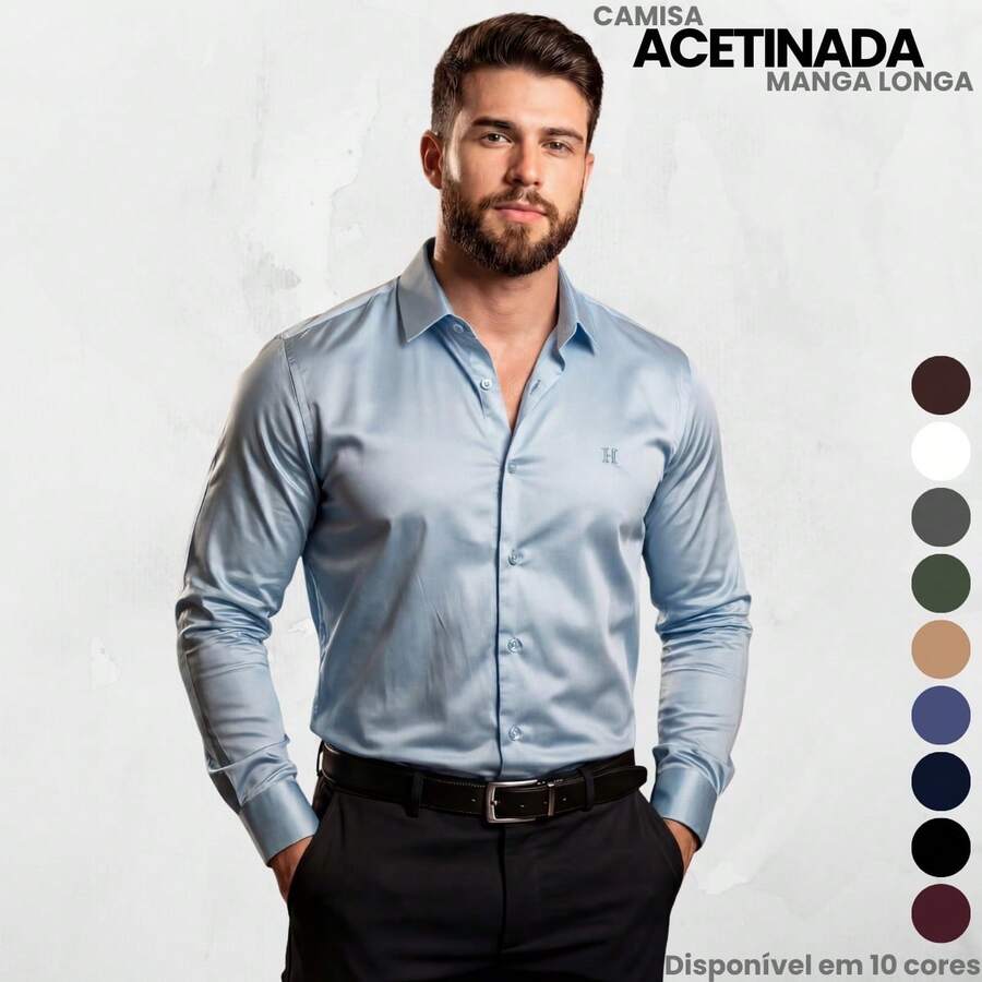 Men's Satin Shirt, Premium Fabric, Simple, Regular Fit, Button-Down - Verde - Ver 1