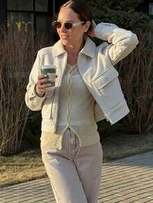 Chaqueta de tweed blanco para mujer con cremallera frontal y bolsillos, estilo de calle para otoño, invierno y primavera - Blanco - Ver 6