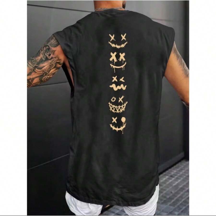 Oversized Tank Top Men's Workout Shirt For Gym/Fitness, Premium Cotton, Bodybuilding, Street Style Print - 黑色 - 查看 1
