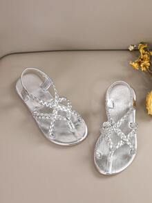 1双夏季金色舒适百搭编织人字拖，柔软防滑透气公主凉鞋 - 銀色 - 查看 5