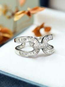 1枚女士闪亮几何开口戒指，镶嵌合成锆石，优雅婚礼及派对珠宝，永不过时的全年奢华之选（无包装盒） - 銀色 - 查看 4