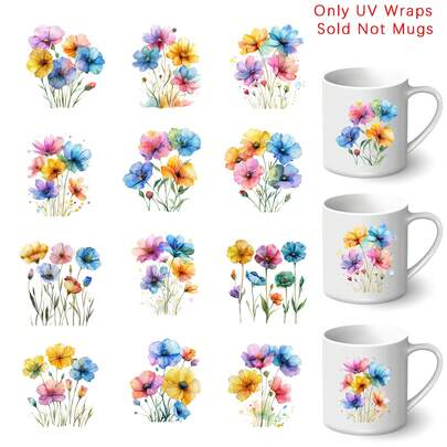 12pcs Set Colorful Flowers UV Transfer Stickers Watercolor Wildflower 16 Oz Glass Jar Packaging Transfer Decorative Paper UV DTF High Self-Adhesive Decorative Transfer Self-Adhesive Suitable For Mugs, Bottles, Laptops