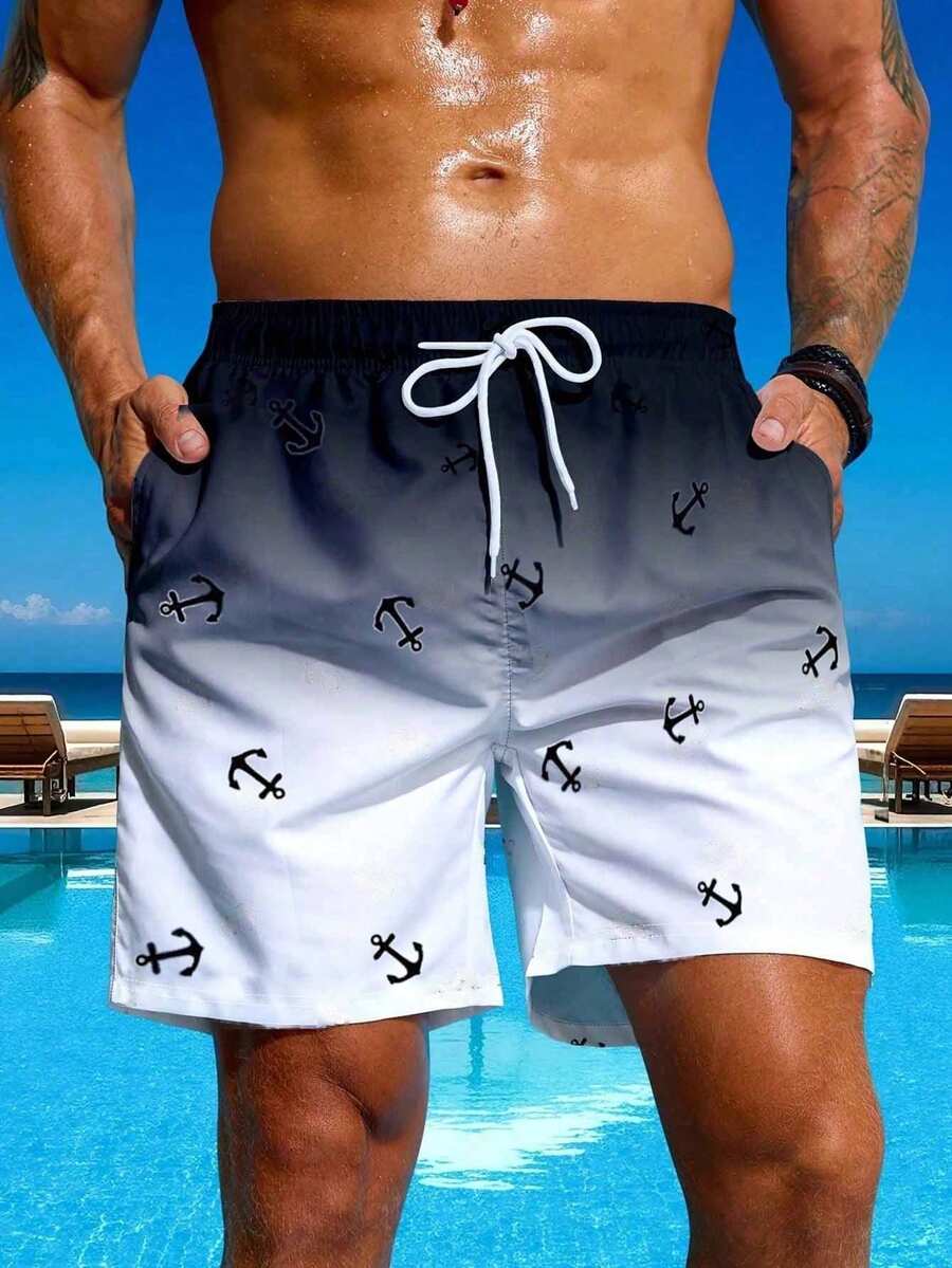 Shorts de playa con estampado de ancla y degradado de color para hombres de talla grande - Negro - Ver 1