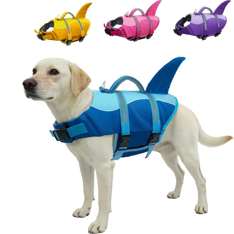 Metglad 鲨鱼造型狗狗救生衣 - 带防滑救援把手，反光狗狗游泳救生衣，可调节高浮力泳衣，适合小型、中型和大型犬 - 紫色 - 查看 1