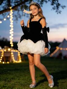 2pcs/Set Girls' Elegant Cute Velvet Bow Swan Bud Dress With Sleeve, Princess Dress For Stage Performance, Birthday Party, Outdoor Vacation, Gathering, Banquet, Easter - 彩色 - 查看 7