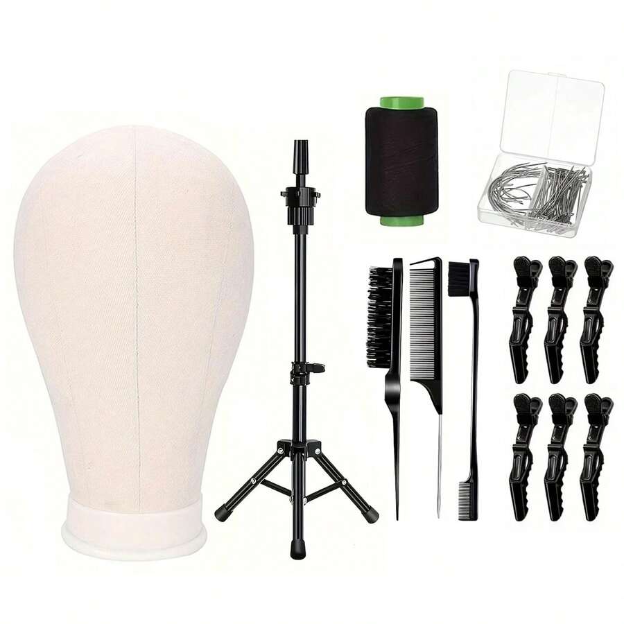 Complete Wig Styling Set For Beginners: 22 Inch Wig Head Mold+Tripod+Needle And Thread Box+Brush | Beginner Specific Wig Grooming Tool Set. - View 1