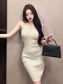 New Hollow Out Knitted Halter Neck Bodycon Dress For Women, Slim Fit Waist, Mini Skirt, Spring/Summer - Apricot - View 7