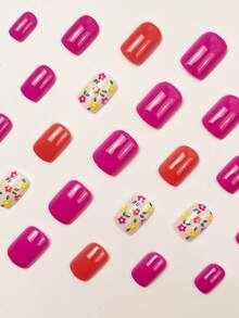 24pcs Short Square Nails Instantly Enhance Your Look, Fresh And Bright, Pink And Orange Nail Patches, Sweet And Cute Colorful Floral Patterns, Spring And Summer Nails, Suitable For Women's Daily Life And Vacation Wear - Multicolor - View 2