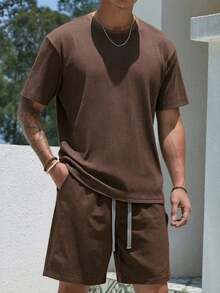 Men's Summer Street Fashion Solid Color Breathable Outdoor Casual Beach Outfit - Coffee Brown - View 1