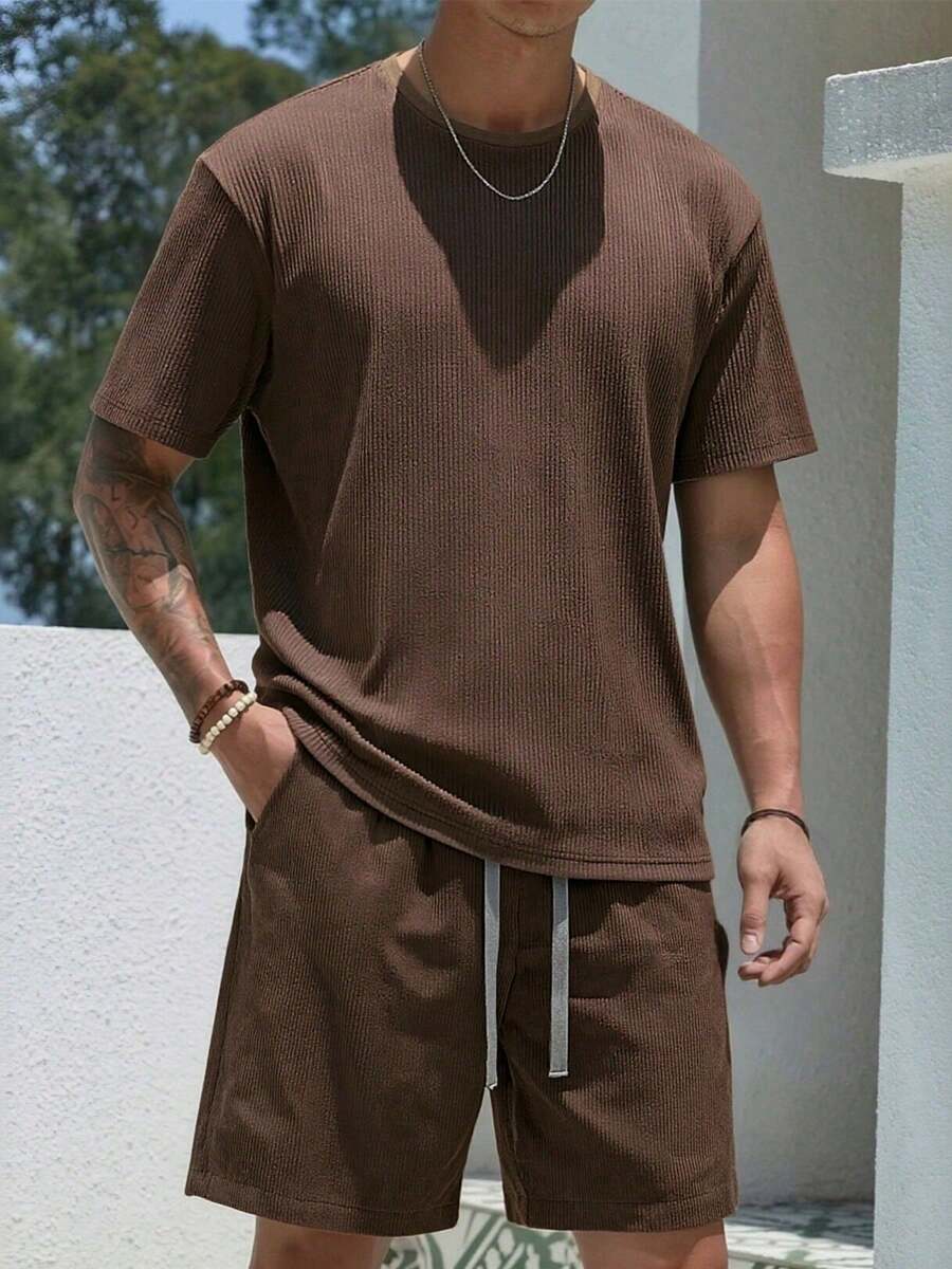 Men's Summer Street Fashion Solid Color Breathable Outdoor Casual Beach Outfit - Coffee Brown - View 1