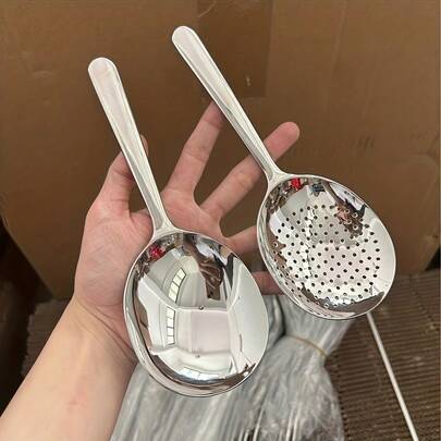 1pc Stainless Steel Large Round Serving Spoon, Commercial And Home Kitchen Ladle, Big Serving Spoon With Heat-Resistant Short Handle, Drainage Holes For Easy Cleaning, Suitable For Restaurants, Catering, Home - Durable Stainless Steel Tableware, Restaurant Supplies, Ergonomic Handle, Sturdy Structure, Professional Chef, Catering Supplies, Restaurant Supplies And Equipment, Buffet Serving Spoon, Soup Ladle, Flour Scoop