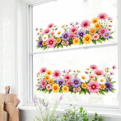 CHAILLY Pegatinas de ventana con flores de margarita y hibisco de colores, vinilos de pared florales vibrantes, decoración autoadhesiva y extraíble para la cocina y la sala de estar