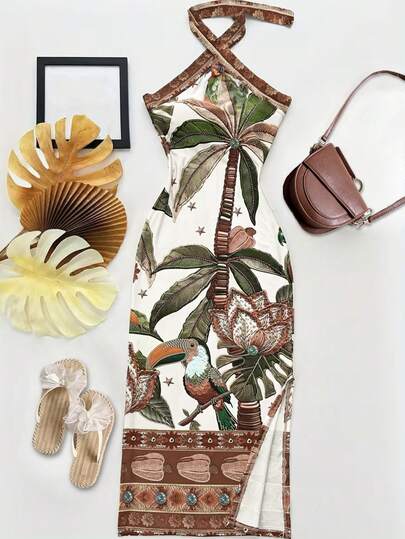 复古热带花卉、鸟类和棕榈树印花连衣裙，立领修身剪裁，适合内向女性在春夏穿着。