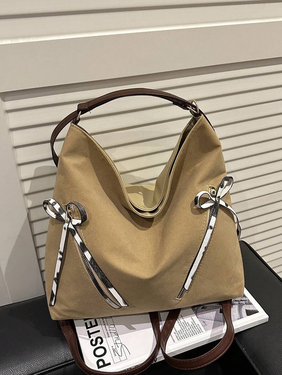 新款时尚大容量手提包，欧美风单肩包，女士休闲通勤手提包 - 卡其色 - 查看 1