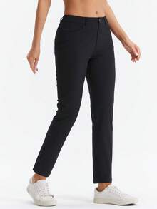 HOTSUIT 女士针织高尔夫/慢跑裤，轻盈弹力长裤，适合日常穿着和运动，纯色 - 黑色 - 查看 2