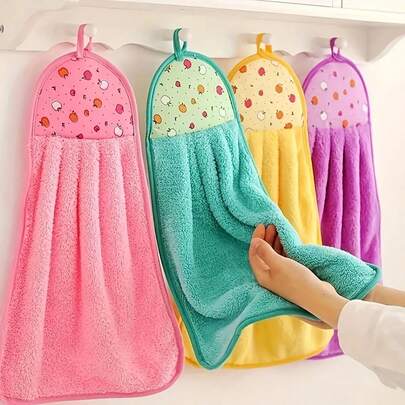 4pcs Hanging Hand Towel For Kitchen Bathroom With Hanging Loop,Ultra Absorbent Coral Hand Towels Washcloth