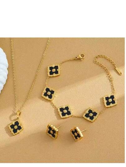 Bộ trang sức hoa nhỏ bằng thép không gỉ mạ vàng 18K, chế tác thủ công tinh xảo, gồm dây chuyền, bông tai và vòng tay, bộ trang sức hoa tối giản sang trọng.