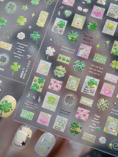 1 miếng dán trang trí móng tay hình lá cỏ xanh tươi, hoa, ngôi sao năm cánh, xoắn ốc, bóng bẩy, tự dính.