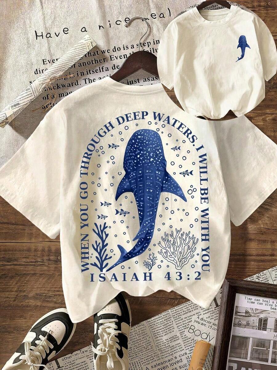 Camiseta con estampado de ballena tiburón cristiana, camiseta con versículo bíblico, camiseta con fe en el océano, camiseta con gráfico de ballena, camiseta cristiana: Camiseta Isaías 43.2, camiseta con versículo bíblico, basada en la fe, camiseta con gráfico de ballena para verano, vacaciones, playa, camiseta casual de cuello redondo de manga corta para mujer - Blanco - Ver 1