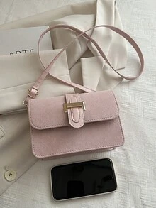 1pc Mini Solid Color Square Bag With Metal Buckle Decor, Suede-Like PU Adjustable Shoulder Strap, Flap Cover Fashion Women Crossbody Bag For Daily Use & Outing ,Pink Bag - Pink - View 2