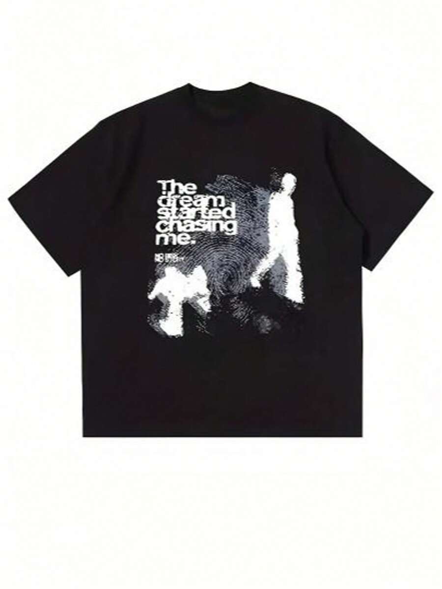 Teen Girl Summer Clothes Casual Style Inspirational T-Shirt With The Dream Started Chasing Me Text Short Sleeve Round Neck Breathable Fabric Teen Shirts - 黑色 - 查看 1