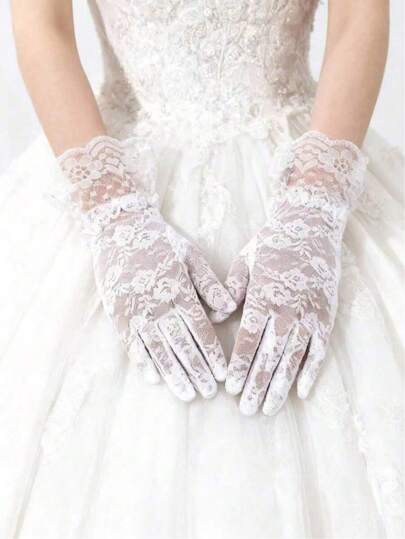 1 Pair Women's Short Lace Trim Gloves, Fashionable Sheer Breathable Gloves Suitable For Weddings, Parties, Balls And Bridal Attire