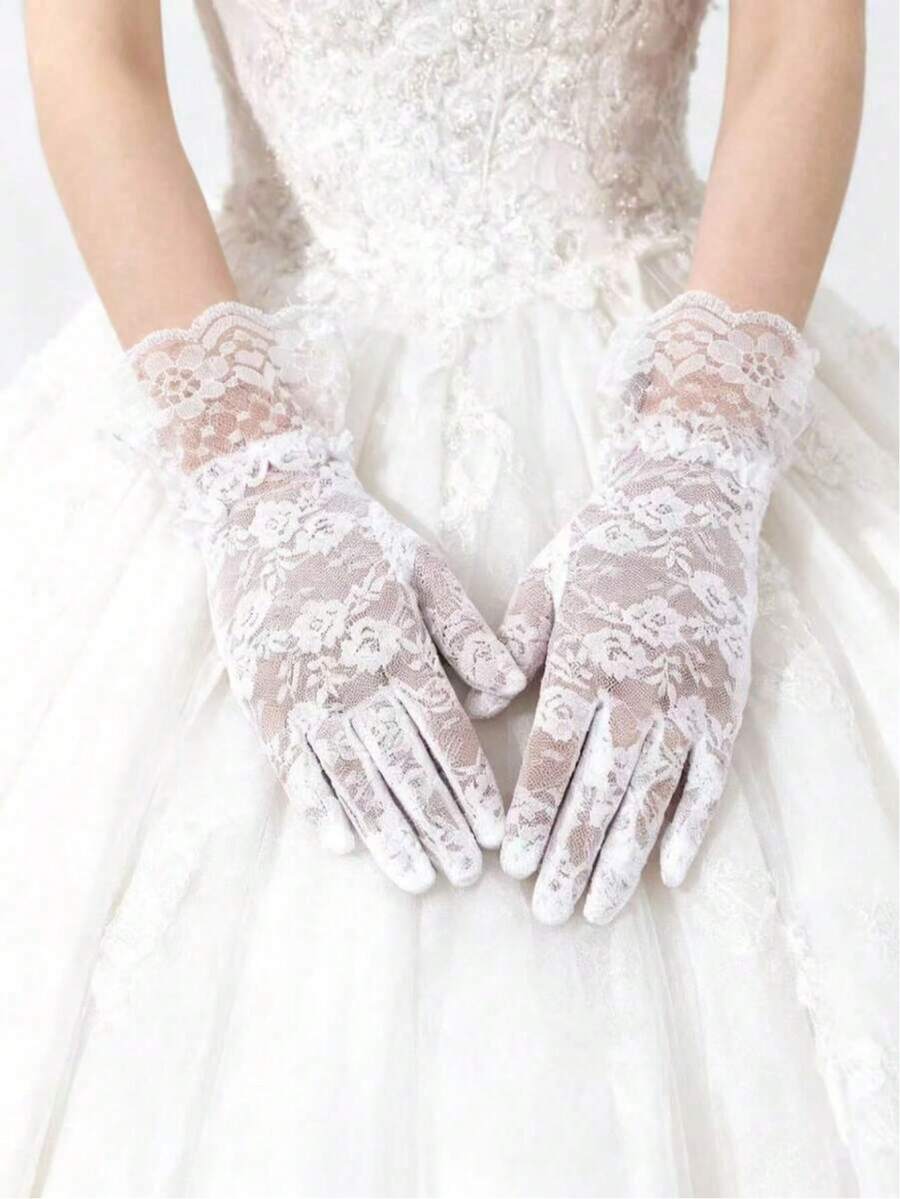1双女士短款蕾丝边手套,时尚透气薄纱手套,适合婚礼、派对、舞会、新娘装扮、节日、聚会等场合。 - 彩色 - 查看 1