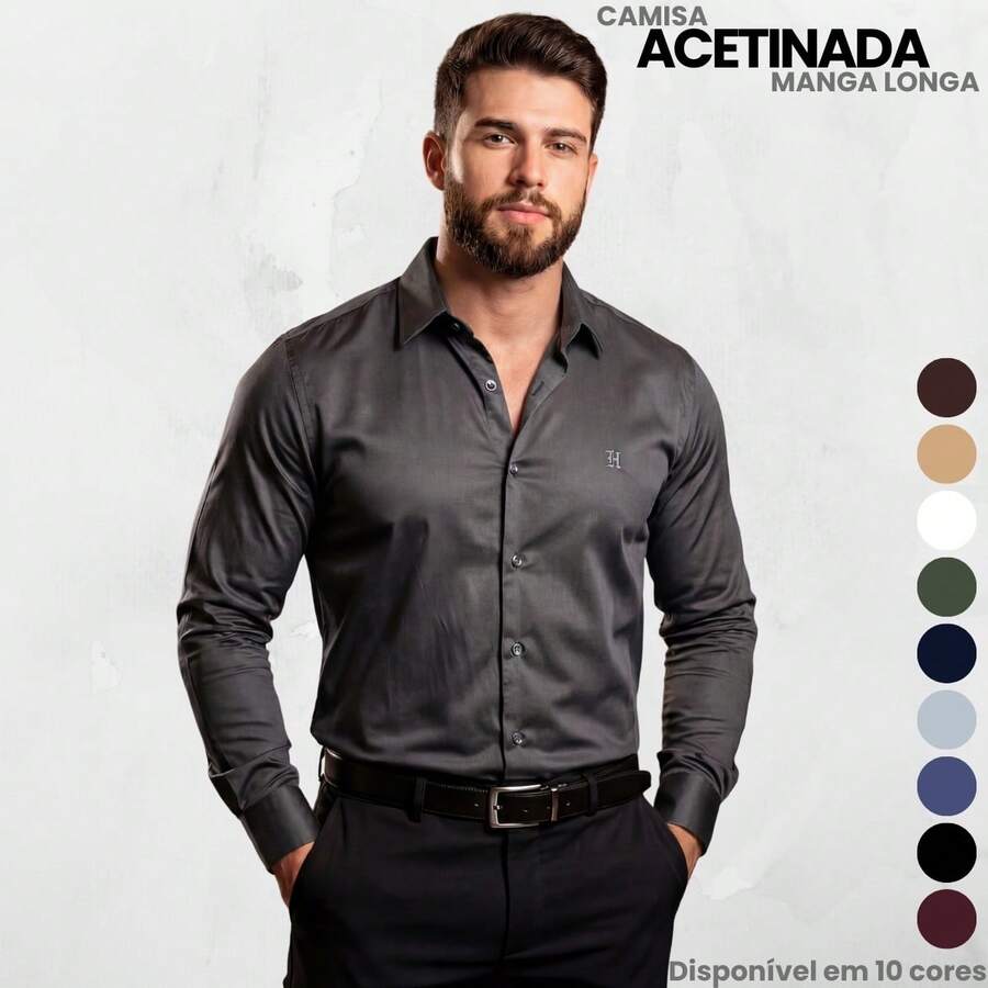 Men's Satin Shirt Premium Fabric Simple Regular Fit Button - 深灰色 - 查看 1
