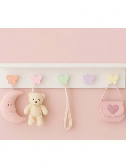 Cabideiro e Pendurador quarto Infantil com prateleira 5 pinos borboleta - 60x10