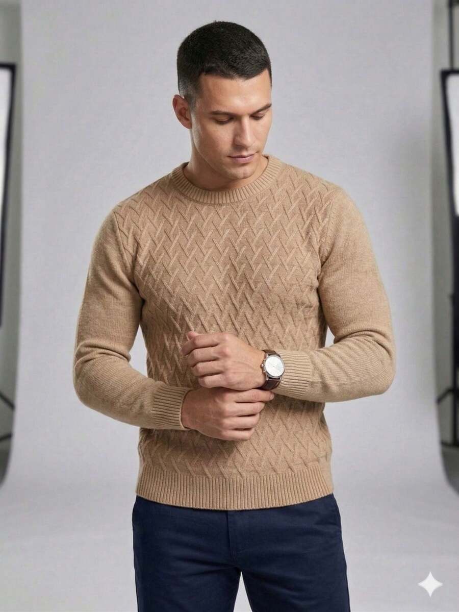 TRICOT DE LUXO Men's Sweater, Knitted With Embossed Pattern, Crew Neck, Winter 26 - Beige - View 1