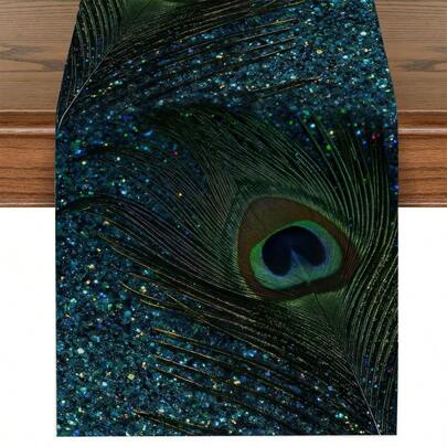 1pc Peacock Feather Printed Tablecloth, Available In Multiple Sizes, Suitable For Home Dining, Kitchen Decor, Home Decoration, Outdoor Party And Restaurant Decor, Linen Texture Appearance