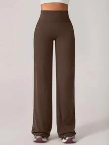 TimeOff 1pc Women's Minimalist Elastic V-Shaped Lifting Straight Wide-Leg Letter Print Sports Pants - Mocha Brown - View 3