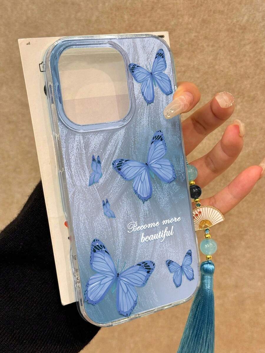 Blue Butterfly Painted High-End Feather Tassel Pendant Charm, Minimalist Fashion Compatible With IPhone 17, 17 Pro, 17 Pro Max, 15, 15 Pro Max, Apple P13, P14, P11, P12, XS, XR, 7/8P, 7/8G, E S2, A14, A15, S23U, A50, A12, A32, A52, A72, A51, A21S, A13, A14, S22 Ultra, S23, A33, A53, S20 FE,International Version, Not The Domestic Version