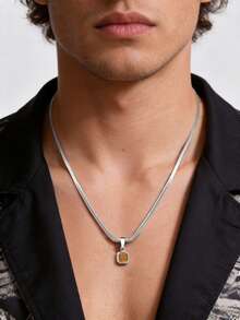 1件简约几何不锈钢虎眼石和绿松石吊坠项链，日常佩戴饰品，男士礼物，父亲节礼物 - 彩色 - 查看 1