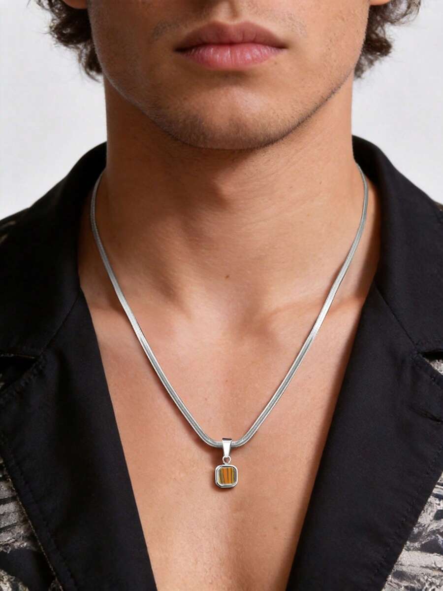 1件简约几何不锈钢虎眼石和绿松石吊坠项链，日常佩戴饰品，男士礼物，父亲节礼物 - 彩色 - 查看 1