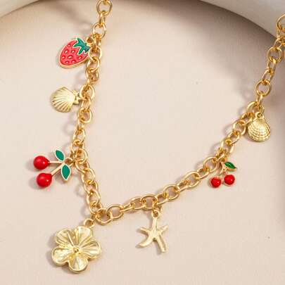 A Fashionable And Versatile Dly Chain Necklace With Cherry, Strawberry, Starfish, Flower, Shell, And Multiple Accessories